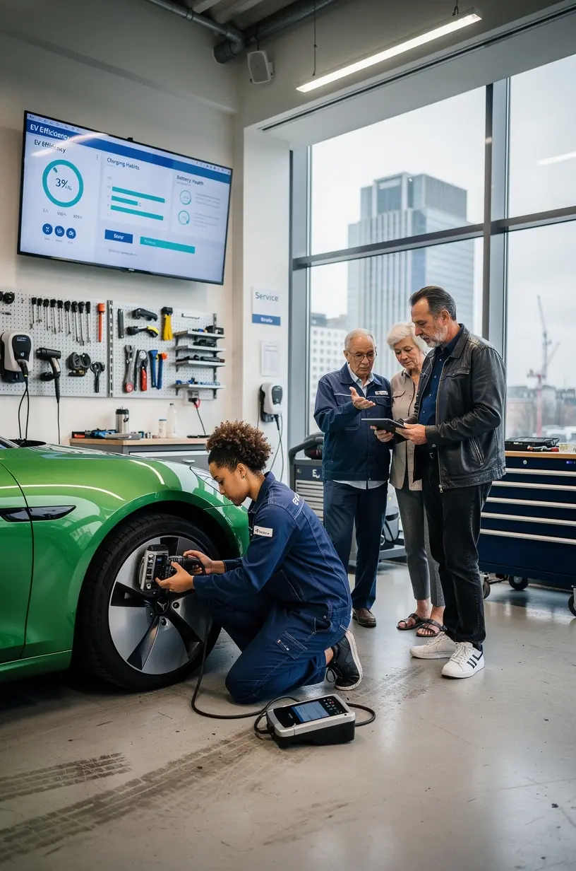 Techniker führt Softwarediagnose an einem Elektroauto durch, um Lade- und Leistungseinstellungen zu optimieren.